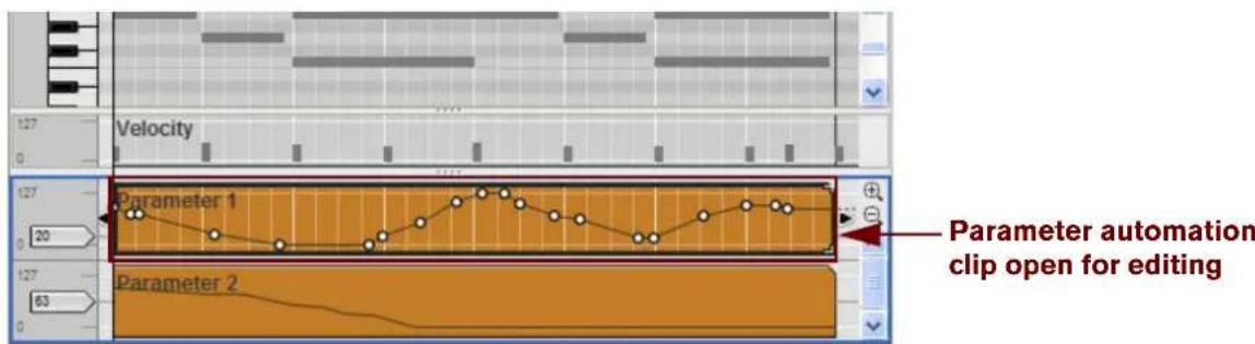 Velocity 127 0 127 20 Parameter 1 Parameter 2 63 Parameter automation clip open for editing