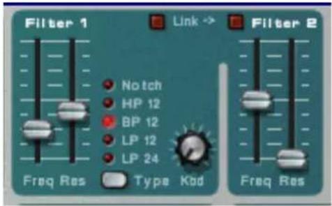 Filter 1 Link → Filter 2 Notch HP 12 BP 12 LP 12 LP 24 Freq Res Type Kod Freq Res