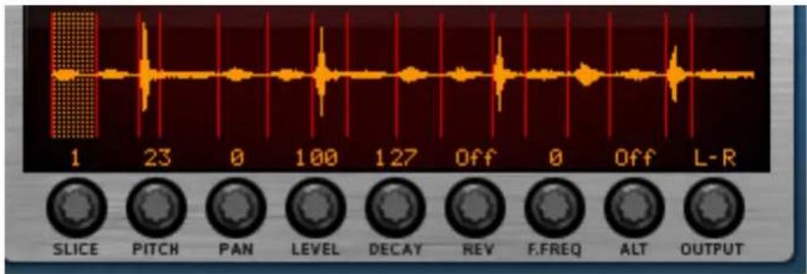1 23 0 100 127 Off 0 Off L-R SLICE PITCH PAN LEVEL DECAY REV F.FREQ ALT OUTPUT