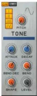 ON OFF I II III IV PITCH TONE ATTACK DECAY SEND DEC SEND SHAPE LEVEL