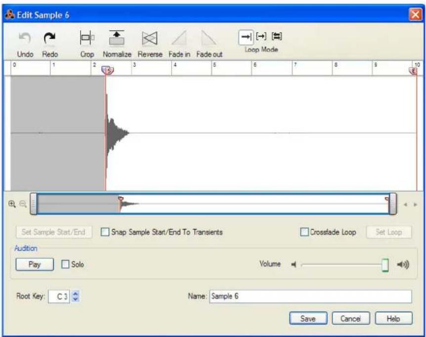 Edit Sample 6 Undo Redo Crop Normalize Reverse Fade in Fade out Loop Mode 0 1 2 3 4 5 6 7 8 9 10 Set Sample Start/End Snap Sample Start/End To Transients Crossfade Loop Set Loop Audition Play Solo Volume Root Key: C 3 Name: Sample 6 Save Cancel Help