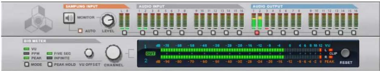 SAMPLING INPUT MONITOR AUTO LEVEL AUDIO INPUT AUDIO OUTPUT BIO METER VU PPM FIVE SEQ PEAK INFINITE MODE PEAK HOLD VU OFFSET CHANNEL 1 -78 -60 -59 -48 -39 -28 -20 -16 -12 -8 -4 0 4 6 8 10 12 VU OUT 2 -90 -80 -70 -60 -59 -49 -32 -28 -24 -20 -16 -12 -8 -6 -4 -2 0 PEAK RESET L CLIP R 0 PEAK RESET