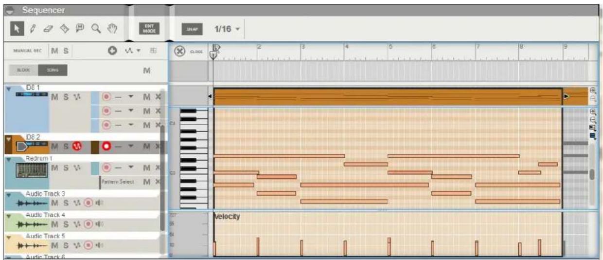 Sequencer MANUAL REC M S EDIT MODE 1/16 BLOCK SENS M D8.1 M S V - - M X - - M X - - M X D8.2 M S V - - M X Redrum 1 M S V - - M X Pattern Select M X Audio Track 3 - - M S V Audio Track 4 - - M S V Audio Track 5 - - M S V Audio Track 6 C1 C2 Velocity