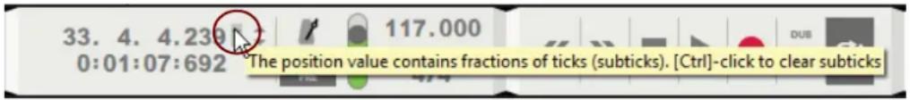 33. 4. 4.239 0:01:07:692 117.000 The position value contains fractions of ticks (subticks). [Ctrl]-click to clear subticks