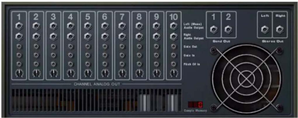 1 2 3 4 5 6 7 8 9 10 Left (Mass) Audio Output Right Audio Output Gate Out Gate In Pitch CV In Channel Analog OUT 1 2 Left Right Send Out Stereo Out Sample Memory