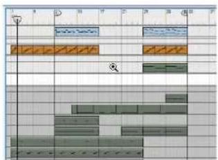 Cropped image of a music notation or waveform editing interface with grid, keyframes, and instrument buttons