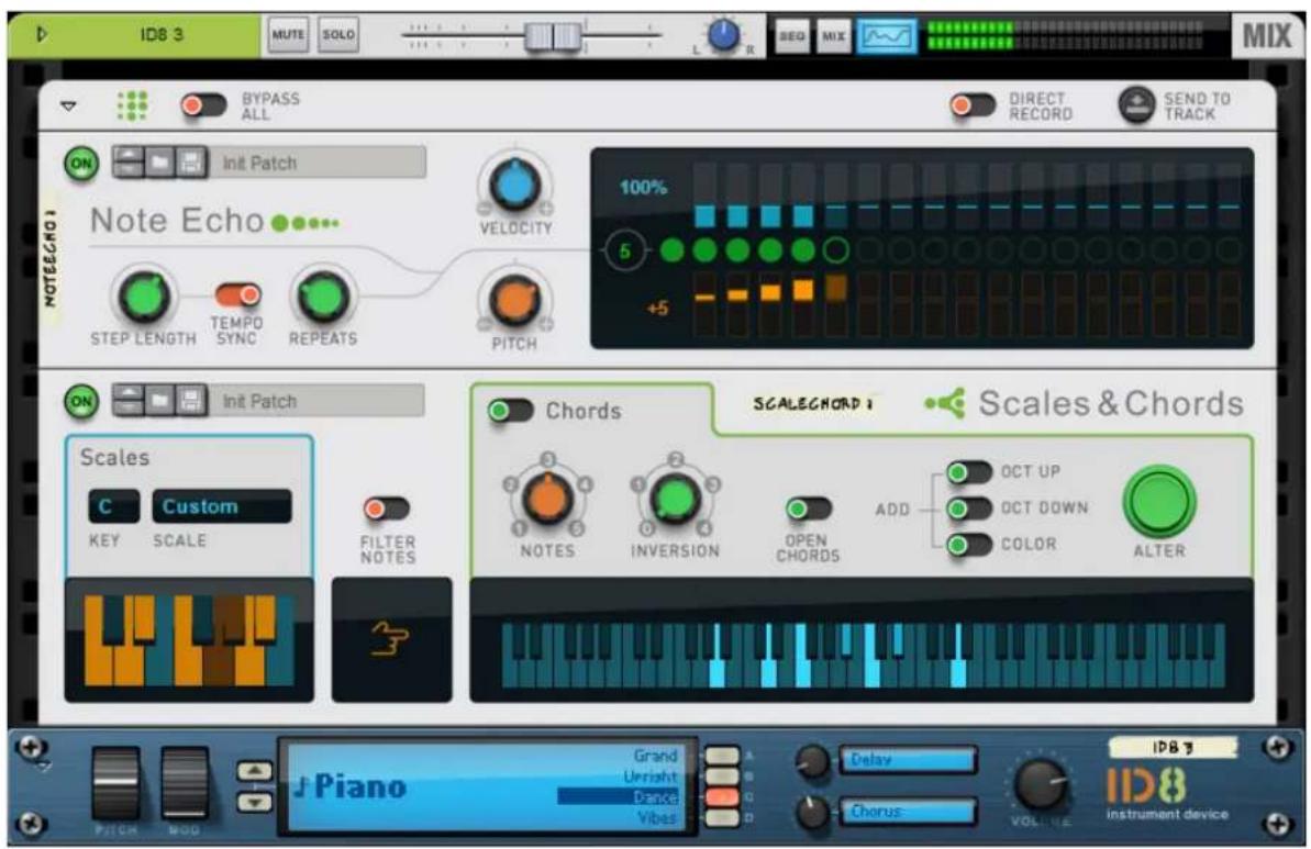 ID8 3 MUTE SOLO L R SEQ MIX MIX BYPASS ALL DIRECT RECORD SEND TO TRACK ON Init Patch Note Echo 100% 5 +5 STEP LENGTH TEMPO SYNC REPEATS PITCH Scales & Chords Chords SCALECHORD 1 NOTES INVERSION OPEN CHORDS ADD OCT UP COLOR ALTER Scales C Custom KEY SCALE FILTER NOTES Piano Grand Delay ID8 9 PITCH MOD Urright Dance Chorus: ID8 instrument device