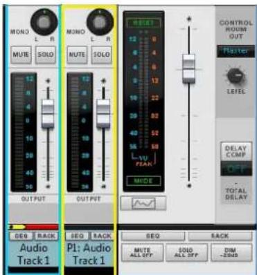 MONO L R MUTE SOLO 12 4 10 28 40 50 OUTPUT MONO L R MUTE SOLO 12 4 10 28 40 50 OUTPUT MUTE 12 4 10 28 40 50 OUTPUT CONTROL HOUN OUT Master LEVEL L5VU PEAK MIDE DELAY CCMF OFF TOTAL DELAY 2 SEQ BACK Audio Track 1 SEQ BACK P1: Audio Track 1 SEQ BACK MUTE ALL OFF SOLO ALL OFF DIM -20dB