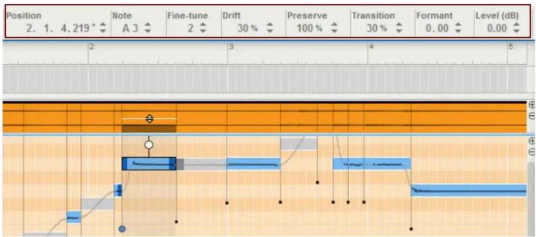 Position 2. 1. 4.219* Note A 3 Fine-tune 2 Drift 30 % Preserve 100 % Transition 30 % Formant 0.00 Level (dB) 0.00