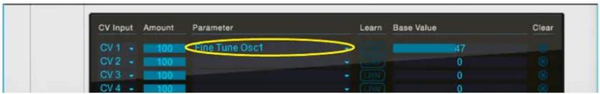 CV Input Amount Parameter Learn Base Value Clear CV 1 100 Fine Tune Osc1 47 CV 2 100 0 CV 3 100 0 CV 4 100 0