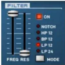 FILTER ON NOTCH HP 12 BP 12 LP 12 LP 24 MODE FREQ RES