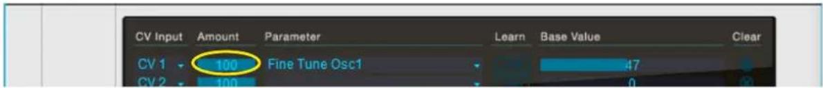 CV Input Amount Parameter Learn Base Value Clear CV 1 100 Fine Tune Osc1 47 CV 2 100 0