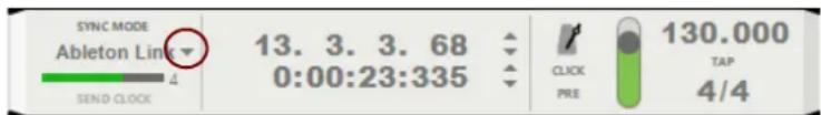 SYNC MODE Ableton Link 13. 3. 3. 68 0:00:23:335 SEND CLOCK 130.000 TAP 4/4