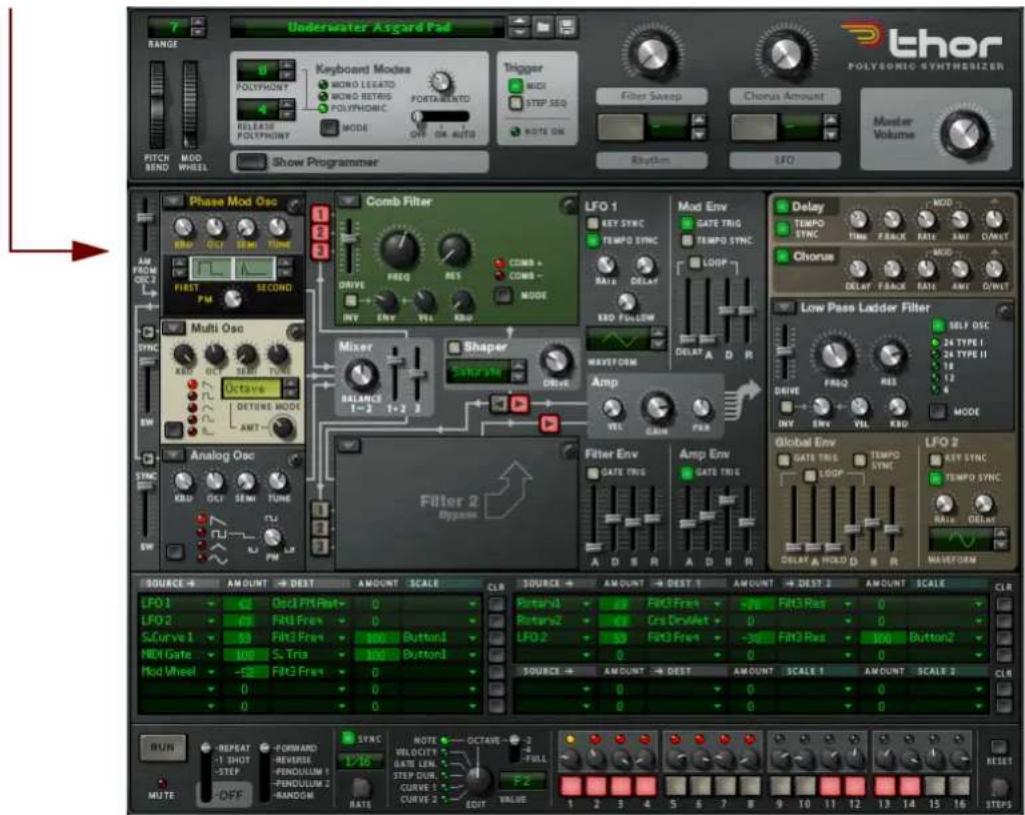 7 RANGE Underwater Asgard Pad Keyboard Modes POLYPHONY MOLO LEATD MOLO RETIRG POLYPHONIC FORTELENTO RELEASE POLYPHONY MODE OFF ON AUTO Trigger MIDI STEP SEQ NOTE ON Filter Sweep Chorus Amount FITCH MOD WHEEL Show Programmer LFO LFO Polysonio Synthreizer Master Volume Phase Mod Osc 1 2 3 4 5 6 7 8 9 10 11 12 13 14 15 16 AM FROM OCZ 2 FIRST PM Multi Osc KBD OCT SEMI TUNE Octave DETERE MODE AMT - Analog Osc KBD OCT SEMI TUNE FU - FM LAD Comb Filter DRIVE FREQ RES COMB + INV ENV VTL KBQ SHAPER SOUTURE DRIVE Mixer BALANCE 1-2 1+2 B Filter 2 Dipass Filter Env GATE TRIS Amp Env A D S R A D N R LOW Pass Ladder Filter Delay TEMPO SYNC TIME FBACK RATE AMY DWNET Chorus DELAY FBACK RATE AMY DWNET SBLF OSC 24 TYPE I 24 TYPE II 18 12 6 DRIVE FRQV RES INV ENV VIL KBQ MODE Global Env GATE TRIS AMP GATE TRIS TIMP0 SYNC LOOP TEMPO SYNC TIME WOLD B R WAVEFORM LFO 2 KEY SYNC TEMPO SYNC RATE DELAY AMOUNT DEST 1 AMOUNT DEST 2 AMOUNT SCALE CLR LFO 1 6 Orcl Flt1 Pass 0 Pintah0 89 Flt0 Frisn -20 Flt3 Pass 0 LFO 2 6 Flt1 Free 0 Rotany2 69 Crs DrdAet 0 0 5 Curve 1 53 Flt3 Pass 100 Button1 LFO 2 53 Flt3 Pass -30 Flt3 Pass 100 Button2 MDI Gate 100 S. Tris 100 Button1 0 0 0 0 0 Mod Wheel -5 Flt3 Pass 0 SOURCE → AMOUNT DEST AMOUNT SCALE CLR SOURCE → AMOUNT DEST 1 AMOUNT DEST 2 AMOUNT SCALE CLR SOURCE → AMOUNT DEST AMOUNT SCALE CLR SOURCE → AMOUNT DEST 1 AMOUNT DEST 2 AMOUNT SCALE CLR SOURCE → AMOUNT DEST AMOUNT SCALE CLR SOURCE → AMOUNT DEST 1 AMOUNT DEST 2 AMOUNT SCALE CLR SOURCE → AMOUNT DEST AMOUNT SCALE CLR SOURCE → AMOUNT DEST 1 AMOUNT DEST 2 AMOUNT SCALE CLR SOURCE → AMOUNT DEST AMOUNT SCALE CLR SOURCE → AMOUNT DEST 1 AMOUNT DEST 2 AMOUNT SCALE CCLR SOURCE → AMOUNT DEST AMOUNT SCALE CLR SOURCE → AMOUNT DEST AMOUNT SCALE CLR SOURCE → AMOUNT DEST AMOUNT SCALE CLR SOURCE → AMOUNT DEST AMOUNT SCALE CLR SOURCE → AMOUNT DEST AMOUNT SCALE CLR SOURCE → AMOUNT DEST AMOUNT SCALE CLR SOURCE → AMOUNT DEST AMOUNT SCALE CLR SOURCE → AMOUNT DEST AMOUNT SCALE CLR SOURCE → AMOUNT DEST AMOUNT SCALE CLR SOURCE → AMOUNT DEST AMOUNT SCALE CLR SOURCE → AMOUNT DEST AMOUNT SCALE CLR SOURCE → AMOUNT DEST AMOUNT SCALE CLR Source → AMOUNT DEST AMOUNT SCALE CLR Source → AMOUNT DEST AMOUNT SCALE CLR Source → AMOUNT DEST AMOUNT SCALE CLR Source → AMOUNT DEST AMOUNT SCALE CLR Source → AMOUNT DEST AMOUNT SCALE CLR Source → AMOUNT DEST AMOUNT SCALE CLR Source → AMOUNT DEST AMOUNT SCALE CLR Source → AMOUNT DEST AMOUNT SCALE CLR Source → AMOUNT DEST AMOUNT SCALE CLR Source → AMOUNT DEST AMOUNT SCALE CLR Source → AMOUNT DEST AMOUNT SCALE CLR Source ← REPEAT ← FORWARD ← REVERSE ← PENDULUM 1 ← PENDULUM 2 ← RANDOM ← SYNC ← NOTE ← OCTAVE ← FULL ← F2 ← VALVE ← 1 2 3 4 5 6 7 8 9 10 11 12 13 14 15 16 RESET ← REPEAT ← SHOT ← STEP ← REVERSE ← PENDULUM 1 ← PENDULUM 2 ← RANDOM ← SYNC ← NOTE ← OCTAVE ← FULL ← F2 ← VALVE ← 1 2 3 4 5 6 7 8 9 10 11 12 13 14 15 16 Steps ← REPEAT ← SHOT ← STEP ← REVERSE ← PENDULUM 1 ← PENDULUM 2 ← RANDOM ← SYNC ← NOTE ← OCTAVE ← FULL ← F2 ← VALVE ← 1 2 3 4 5 6 7 8 9 10 11 12 13 14 15 16 RESET ← REPEAT ← SHOT ← STEP ← REVERSE ← PENDULUM 1 ← PENDULUM 3 ← CURVE + - RATE CURVE + - EQTY VALUE