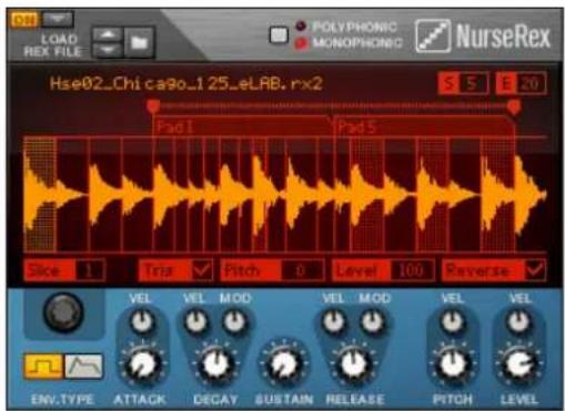LOAD REX FILE POLYPHONIC MONOPHONIC NurseRex Hse02_Chi ca9o_1.25_eLAB, rx2 S 5 E 20 Pad 1 Pad 5 Slice 1 Trip Pitch 0 Level 100 Reverse VEL VEL MOD VEL MOD VEL VEL ENV.TYPE ATTACK DEGAY SUSTAIN RELEASE PITCH LEVEL