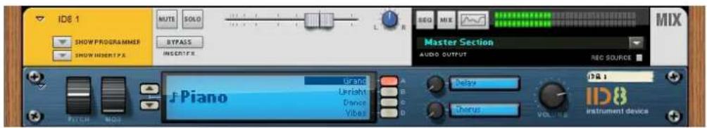 ID8 1 SHOW PROGRAMMER SHOW INSERT P.S. MUTE SOLO BYPASS INSERTER Master Section AUDIO OUTPUT REC SOURCE Piano Harold Unlight Dance Viber Delay Chorus VOLUME ID8 instrument device