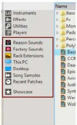 Instruments Effects Utilities Players Reason Sounds Factory Sounds Re Rack Extensions This PC Desktop Song Samples Recent Patches Showcase Name Bass Fx Mon Pads Perci Poly1 Bass CCR Dean Epic Juic Justi Synt War Wol