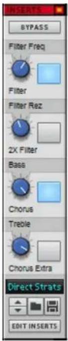 INSERTS BYPASS Filter Freq Filter Filter Rez 2X Filter Bass Chorus Treble Chorus Extra Direct Strats EDIT INSERTS