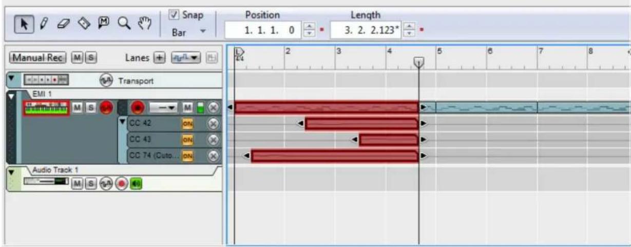 Snap Bar Position 1. 1. 1. 0 Length 3. 2. 2.123* Manual Rec M S Lanes + Transport EMI 1 M S CC 42 ON CC 43 ON CC 74 (Cuto... ON) Audio Track 1