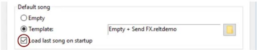 Default song ○ Empty ● Template: Empty + Send FX.reltdemo ✓ Load last song on startup