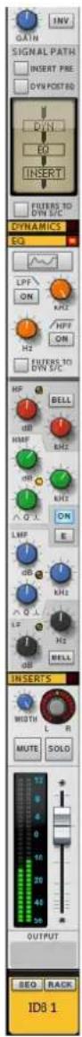 INV GAIN SIGNAL PATH INSERT PRE OXY POST 80 DVN EQ INSERT FILTERD 30 OXY S/C DYNAMICS EQ LPF ON MFZ HFP ON H2 FILTERD 30 OXY S/C HF BELL dB HMF GHZ on MFZ AN OJ ON LMP E dB LH1 AN OJ LF HD BELL INSERTS WIDTH L R MUTE SOLO 12 + - - - - - - OUTPUT SEQ RACK ID8 1