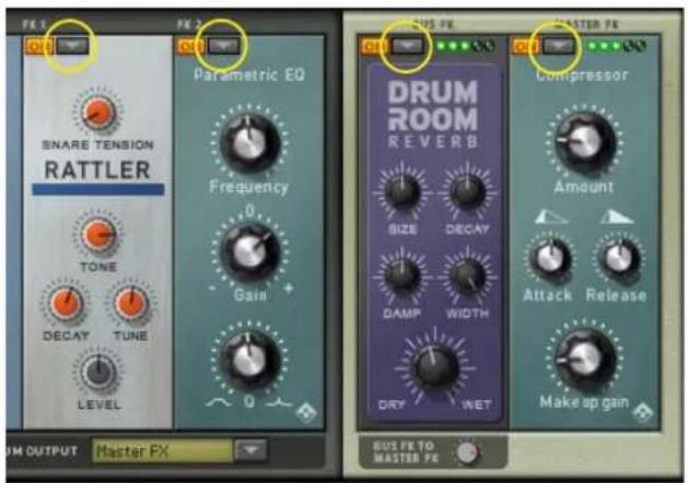 FR 1 SNARE TENSION RATTLER TONE DECAY TUNE LEVEL FR 2 Parametric EQ Frequency Gain 0 Q DRUM ROOM REVERB DRUM COMpressor Amount SIZE DECAY DAMP WIDTH Attack Release DRY WET Make up gain BUS FE TO MASTER FE MON OUTPUT Master FX