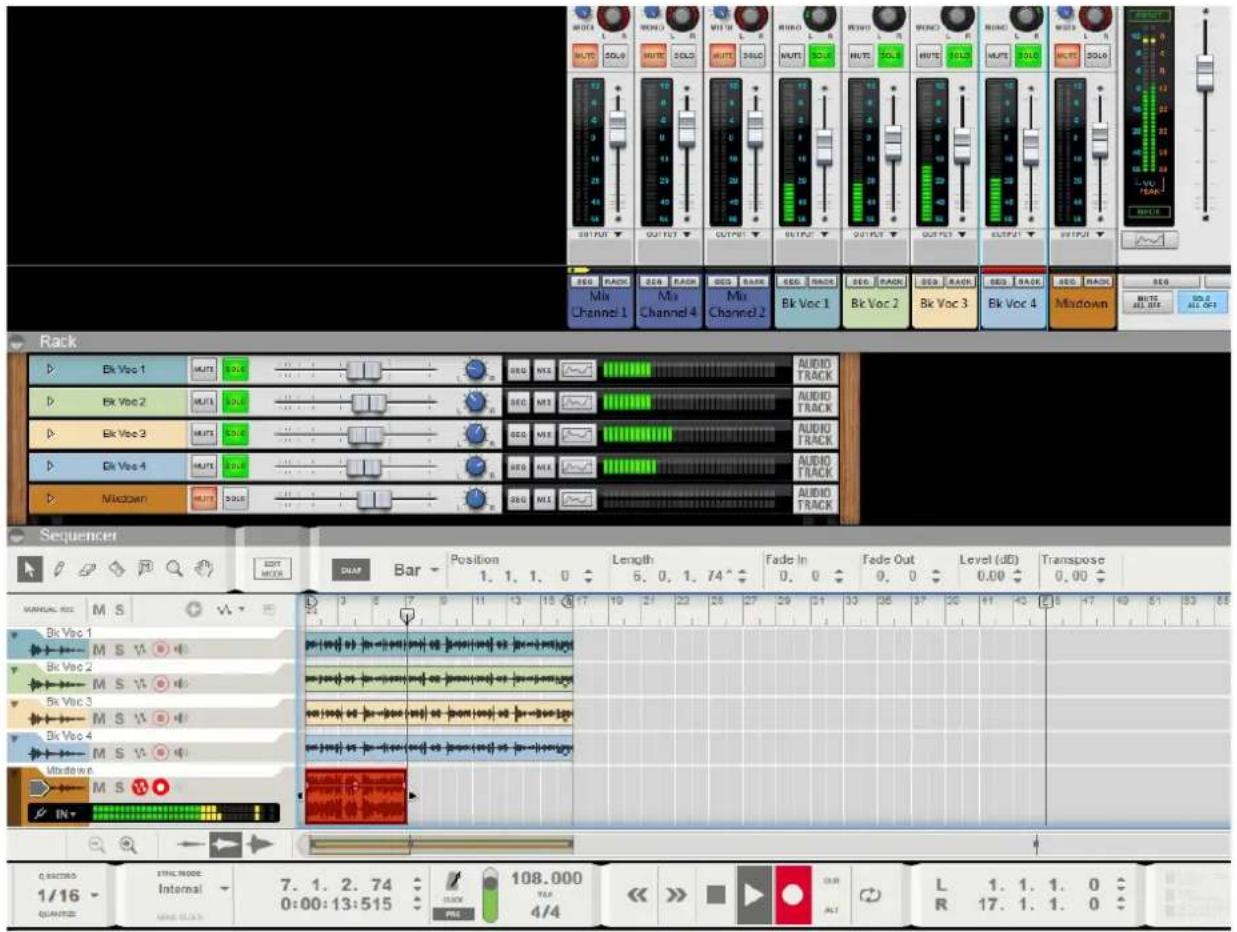 Screenshot of a audio editing software interface showing track controls, audio tracks, and playback controls with labeled tracks like Ek Voc 1 to Mkdown.