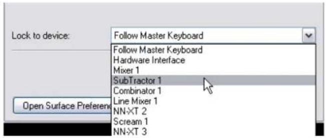 Lock to device: Follow Master Keyboard Follow Master Keyboard Hardware Interface Mixer 1 SubTractor 1 Combinator 1 Line Mixer 1 NN-XT 2 Scream 1 NN-XT 3 Open Surface Preferem