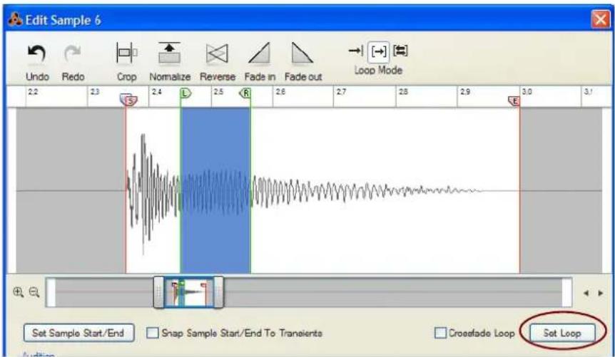 Edit Sample 6 Undo Redo Crop Normalize Reverse Fade in Fade out Loop Mode 2.2 2.3 2.4 L 2.5 R 2.6 2.7 2.8 2.9 3.0 3.1 Set Sample Start/End Snap Sample Start/End To Traneients Crossfade Loop Sot Loop
