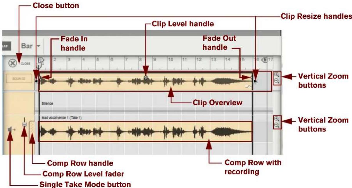 Close button Clip Level handle Fade In handle Fade Out handle Clip Resize handles Vertical Zoom buttons Clip Overview Vertical Zoom buttons Lead vocal verse 1 (Take 1) Comp Row handle Comp Row Level fader Single Take Mode button Comp Row with recording
