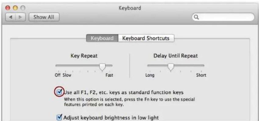 Keyboard Show All Keyboard Keyboard Shortcuts Key Repeat Delay Until Repeat Off Slow Fast Long Short Use all F1, F2, etc. keys as standard function keys When this option is selected, press the Fn key to use the special features printed on each key. Adjust keyboard brightness in low light