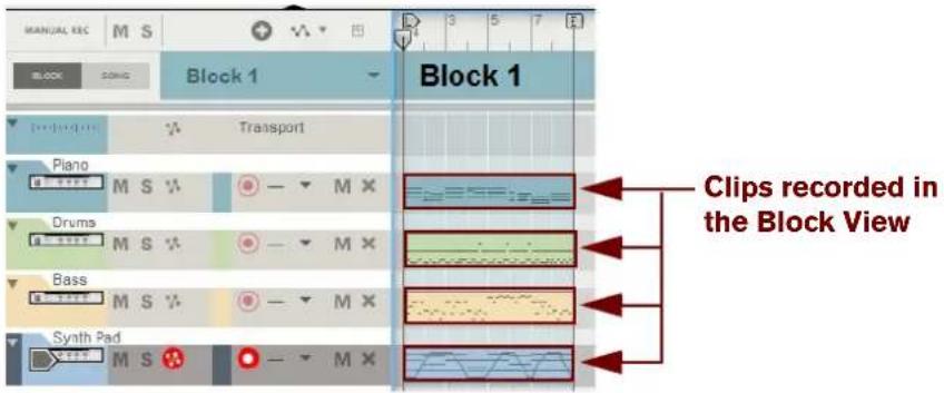 MANUAL REC M S Block 1 Block 1 Block 1 Transport Piano Drums Bass Synth Pad Blocks recorded in the Block View