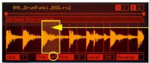 091_DrunFunki_BS0.rx2 No Chunk Triast assigned Slice 3 Tria ✓ Pitch 0 Level 100 Reverse