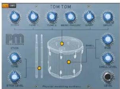 TOM TOM STICK TONE TONE & BEND AMOUNT CABB SPIN IPMM STICK TONE STICK LEVEL Physical modeling software SHELL SIZE SHELL LEVEL LEVEL