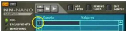 NN-NANO SAMPLER ADD LAYER REMOVE LAYER EDIT SAMPLE Full Sample 1 Velocity EXCLUSIVE HITS MONOPHONIC