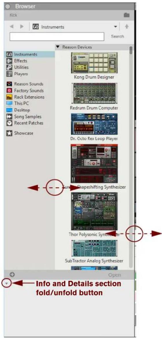 Browser Kick Instruments Search Reason Devices Instruments Effects Utilities Players Reason Sounds Factory Sounds Rack Extensions This PC Desktop Song Samples Recent Patches Showcase Kong Drum Designer Redrum Drum Computer Dr. Octo Rex Loop Player Sura Snapeshifting Synthesizer Thor Polysonic Synthesizer SubTractor Analog Synthesizer Info and Details section fold/unfold button Open