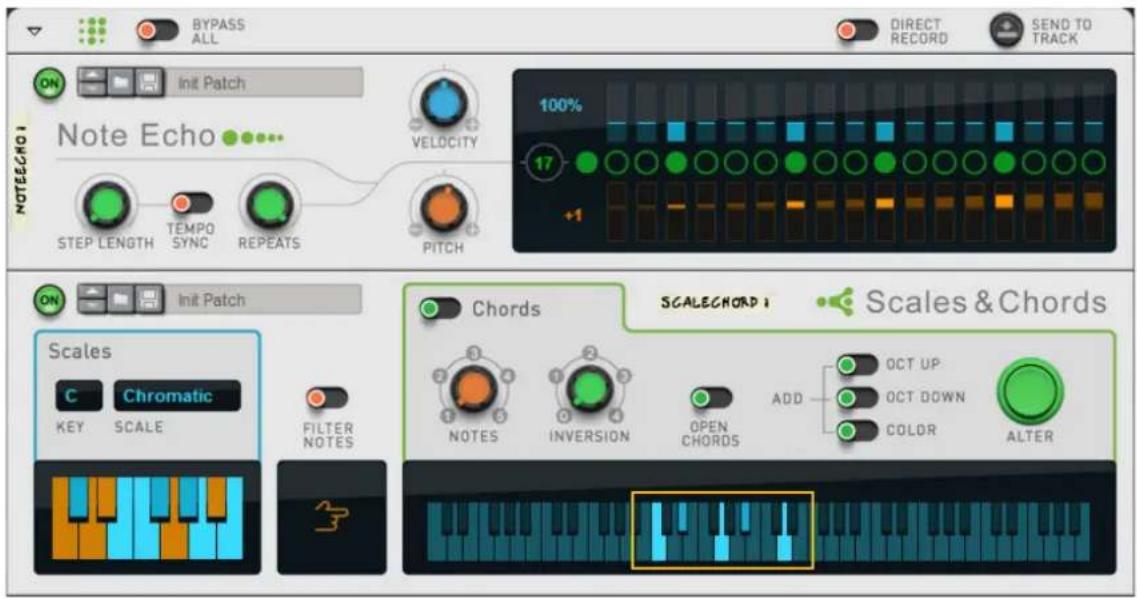 BYPASS ALL DIRECT RECORD SEND TO TRACK 100% 17 +1 NOTE ECHO 1 Note Echo STEP LENGTH TEMPO SYNC REPEATS VELOCITY PITCH ON Init Patch Scales C Chromatic KEY SCALE FILTER NOTES NOTES INVERSION OPEN CHORDS ADD OCT UP OCT DOWN COLOR ALTER SCALE CHORD 1 Scales & Chords