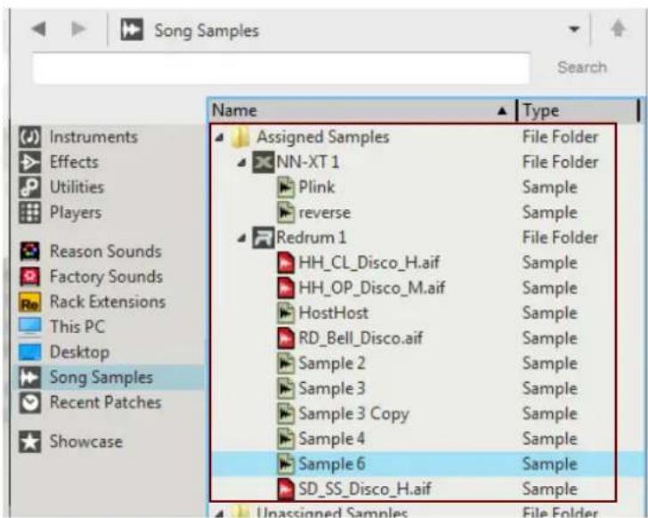 Song Samples Search Name Type Assigned Samples File Folder NN-XT 1 File Folder Plink Sample reverse Sample Redrum 1 File Folder HH_CL_Disco_H.aif Sample HH_OP_Disco_M.aif Sample HostHost Sample RD_Bell_Disco.aif Sample Sample 2 Sample Sample 3 Sample Sample 3 Copy Sample Sample 4 Sample Sample 6 Sample SD_SS_Disco_H.aif Sample Unassigned Samples File Folder