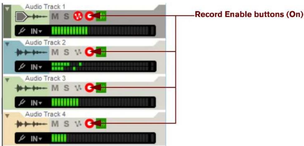 Audio Track 1 M S IN Record Enable buttons (On) Audio Track 2 M S V IN Audio Track 3 M S V IN Audio Track 4 M S V IN