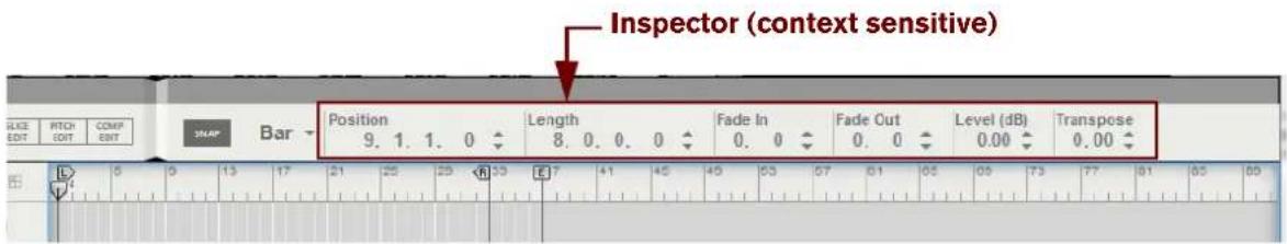 Inspector (context sensitive) Position 9. 1. 1. 0 Length 8. 0. 0. 0 Fade In 0. 0 Fade Out 0. 0 Level (dB) 0.00 Transpose 0.00