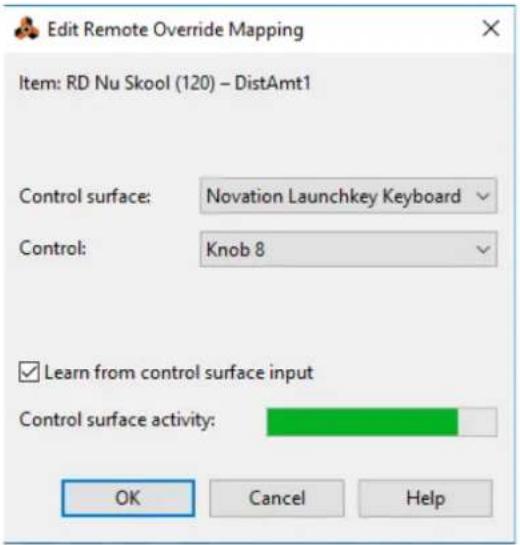 Edit Remote Override Mapping Item: RD Nu Skool (120) - DistAmt1 Control surface: Novation Launchkey Keyboard Control: Knob 8 Learn from control surface input Control surface activity: OK Cancel Help