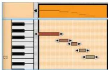 Diagram showing piano keyboard layout with directional arrows and labeled components, likely illustrating a musical or sound processing concept.