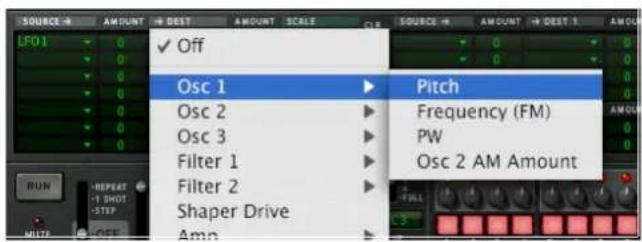 SOURCE - A LFO1 OFF Osc 1 Osc 2 Osc 3 Filter 1 Filter 2 Shaper Drive Amp Pitch Frequency (FM) PW Osc 2 AM Amount