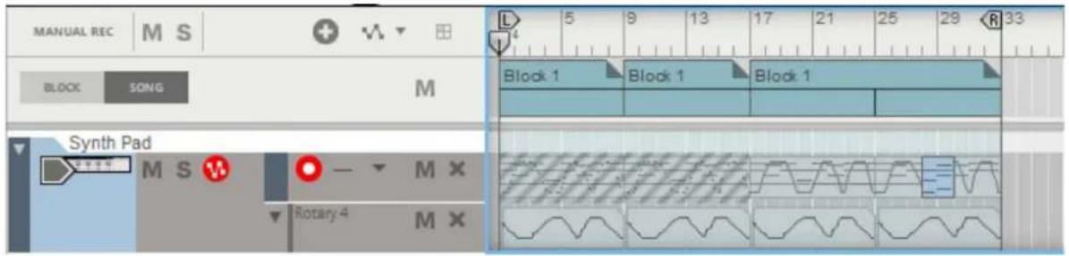 MANUAL REC | M S | L 5 9 13 17 21 25 29 R 33 BLOCK SONG M Block 1 Block 1 Block 1 Synth Pad M S - M X Rotary 4 M X