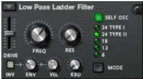 Low Pass Ladder Filter DRIVE FREQ RES INV ENV VEL KBD SELF OSC 24 TYPE I 24 TYPE II 1B 12 6 MODE