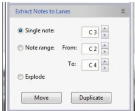 Extract Notes to Lanes Single note: C 3 Note range: From: C 2 To: C 4 Explode Move Duplicate