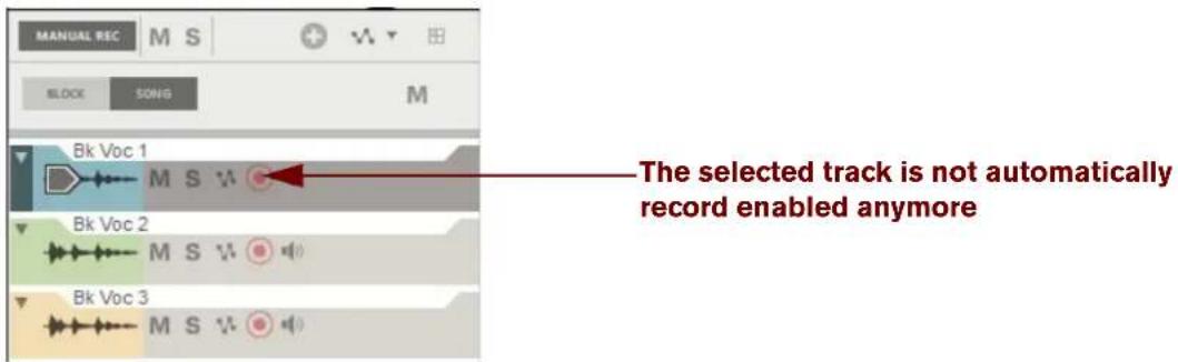 MANUAL REC M S BLOCK SONG M Bk Voc 1 M S The selected track is not automatically record enabled anymore Bk Voc 2 M S Bk Voc 3 M S