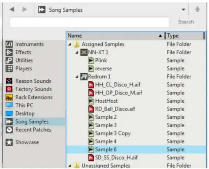 Song Samples Search Name Type Assigned Samples File Folder NN-XT 1 File Folder Plink Sample reverse Sample Redrum 1 File Folder HH_CL_Disco_H.aif Sample HH_OP_Disco_M.aif Sample HostHost Sample RD_Bell_Disco.aif Sample Sample 2 Sample Sample 3 Sample Sample 3 Copy Sample Sample 4 Sample Sample 6 Sample SD_SS_Disco_H.aif Sample Unassigned Samples File Folder