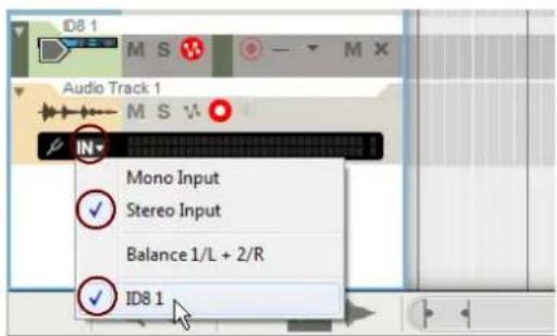 ID8 1 Audio Track 1 M S V IN Mono Input ✓ Stereo Input Balance 1/L + 2/R ✓ ID8 1