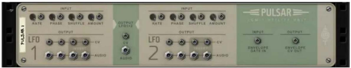 PULSAR 1 INPUT RATE PHASE SHUFFLE AMOUNT OUTPUT LFO1+2 CV AUDIO OUTPUT RATE PHASE SHUFFLE AMOUNT LFO 2 CV AUDIO PULSAR ENVELOPE UNIT INPUT OUTPUT ENVELOPE GATE IN ENVELOPE CV OUT